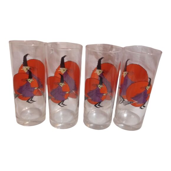 4 Vtg Halloween Highball Glasses~ Moon ~ Drinking Glasses~ Witch Riding Broom - Picture 2 of 10
